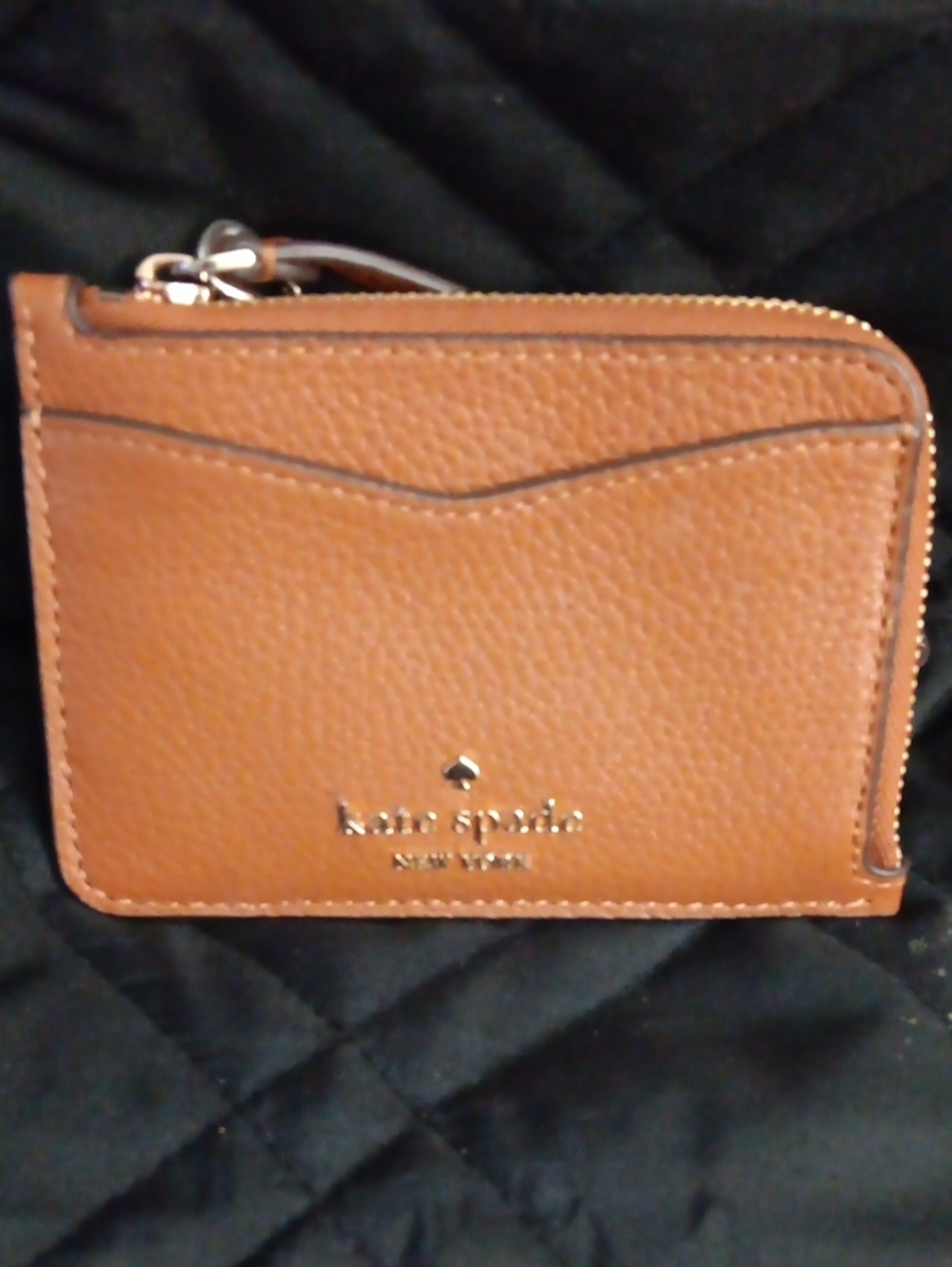 kate spade tan pebbled leather zip card case